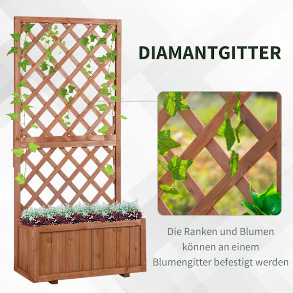 Upphöjd bädd, växtlåda med spaljé, blomlåda, rosenbåge med spaljé för klätterväxter, trä, natur, 72,5x31,5x149,5cm