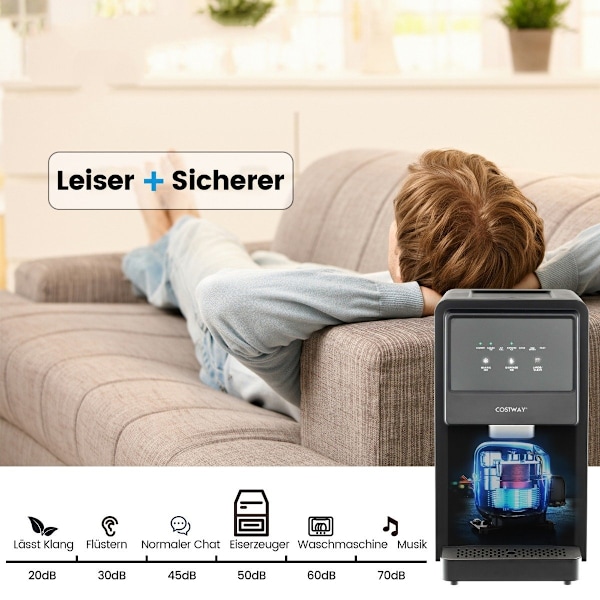 Iskubmaskin självdispenserande diskklump ismaskin max 27 kg/24H LED blått ljus 51 x 31 x 55 cm