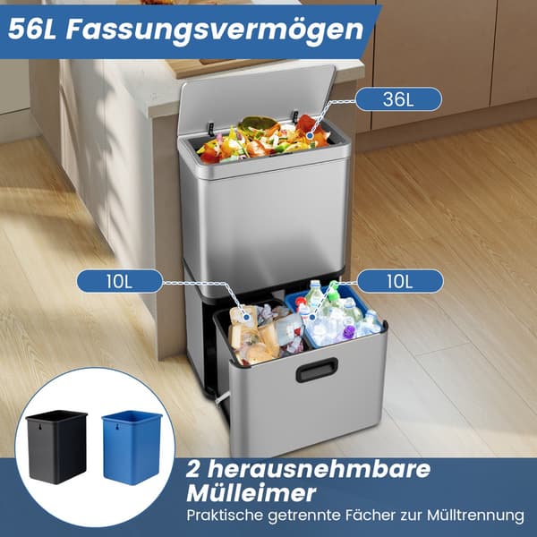 56L papperskorg i rostfritt stål med sensor och dubbla behållare