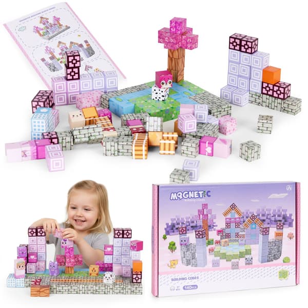 Magnetiska byggklossar för barn, 140 bitar, rosa