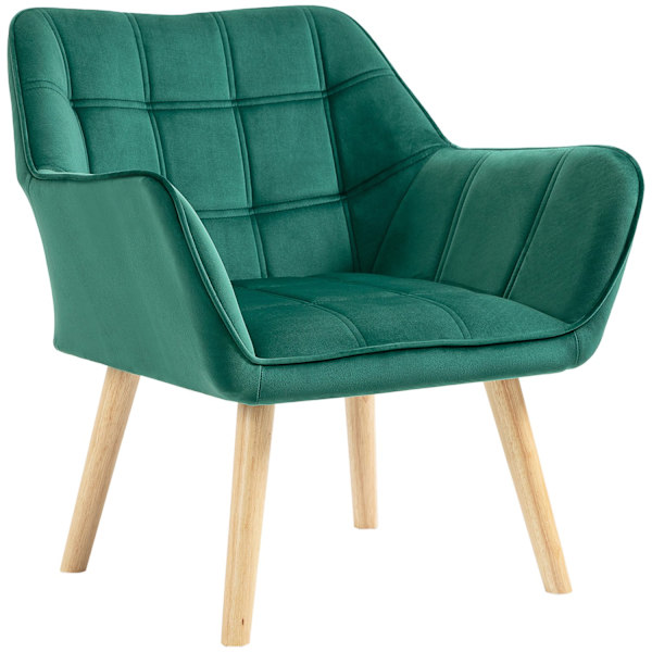 Enkeltlænestol, afslapningslænestol med fløjlslook, hævede ben, skandinavisk polstret lænestol til stue, soveværelse, 64x62x72,5cm, grøn