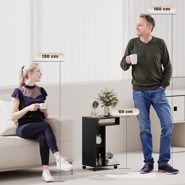 C-formet sidebord med hjul, 3 hylder, 40x30x69 cm, sort