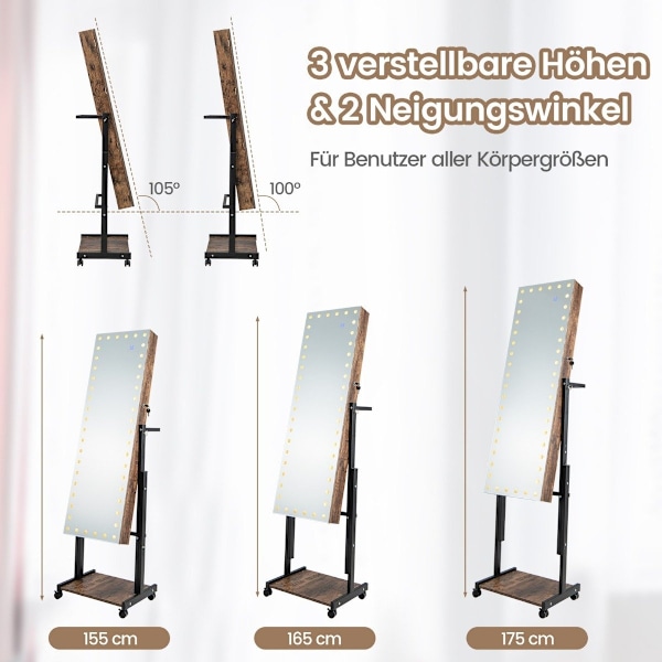 Smyckesskåp med hjul 4 i 1 spegelskåp med 3-färgs LED-lampor & justerbar höjd brun