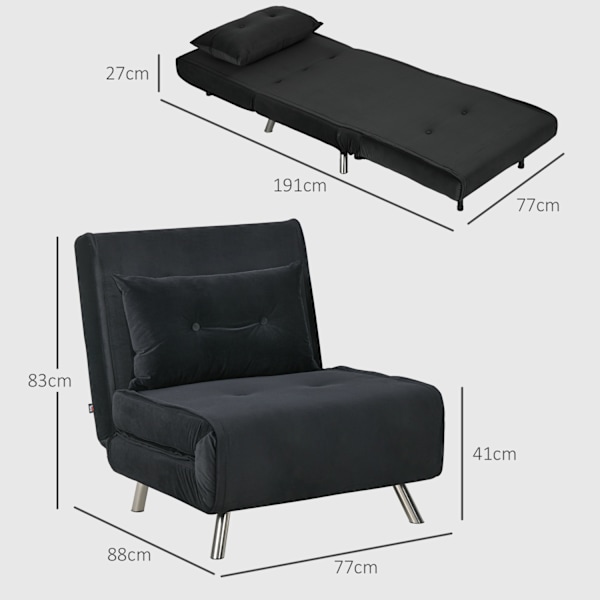 Sovestol Foldestol Sengefunktion Enkeltsofa Pude Gæsteseng Polstret Sofa Velvet Sort 77X88X83Cm