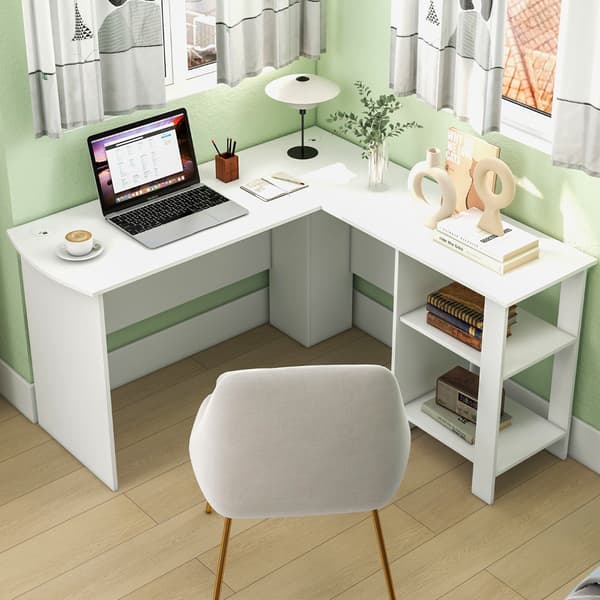 L-formet computerbord, 2 kabelhuller, hylder, hvid