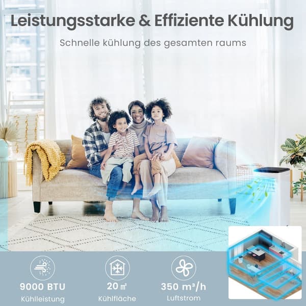 Bærbart klimaanlæg 9000 BTU, 4-i-1, Smart Control