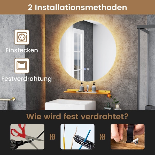 Ø60 cm rundt badeværelsesspejl med belysning & berøringsafbryder & memory funktion vægspejl
