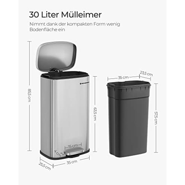 30 litran Hands-Free-teräsroskakori kaksoisaukkomekanismilla