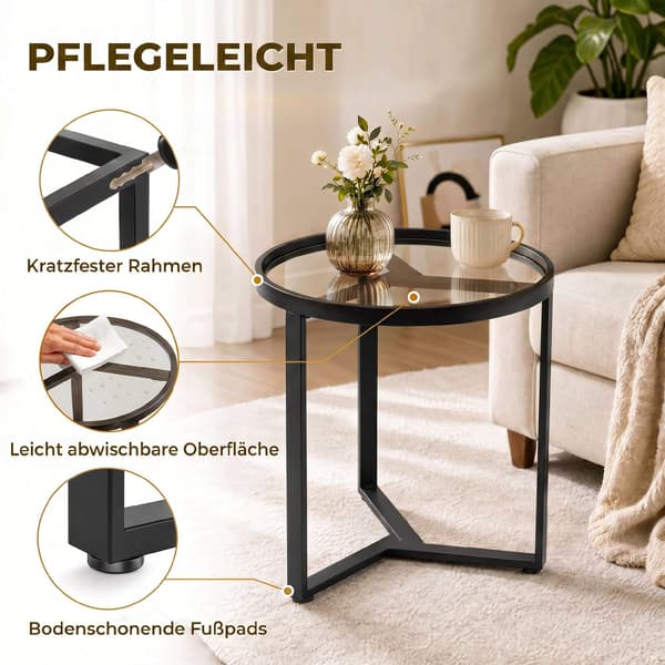 Rundt sidebord, hærdet glasplade, sort 45 cm