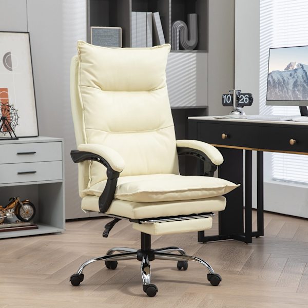 Työtuoli, 155° kallistettava, korkeussäädettävä pöytätuoli kallistustoiminnolla, jalkatuki, ergonominen kääntötuoli, beige