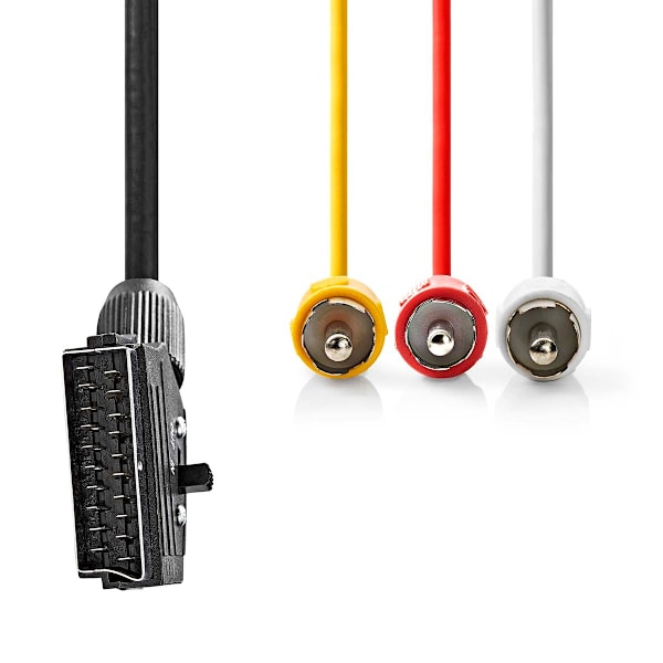 SCART-kabel | SCART Mand | 3x RCA han | Forniklet | Omskiftelig | 480p | 2,00 m | runde | PVC | Sort | Mærke