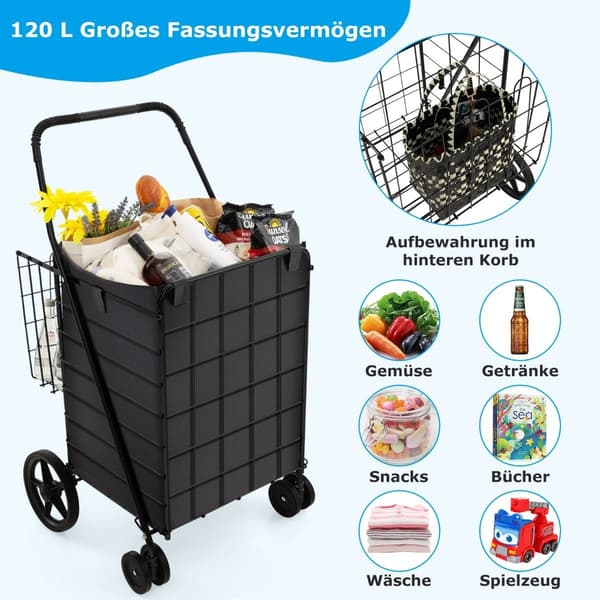 Kundvagn med Oxford-foder, 120L kapacitet, hopfällbar