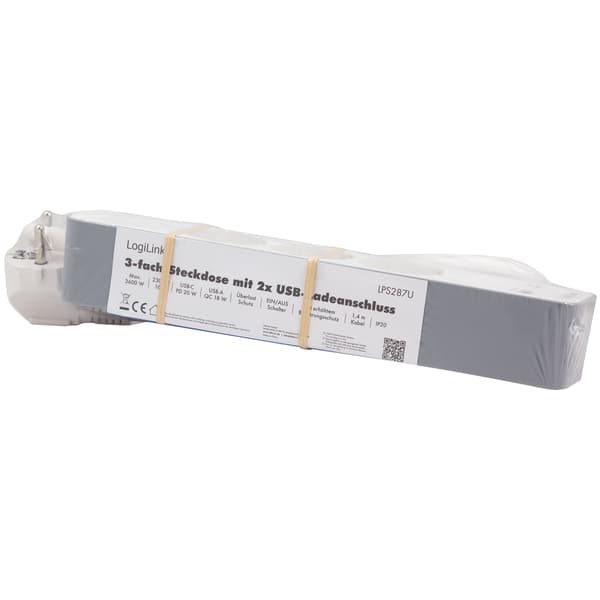 Strømskinne 3-vejs + USB-A/USB-C PD 20W, 1,4m, Hvid
