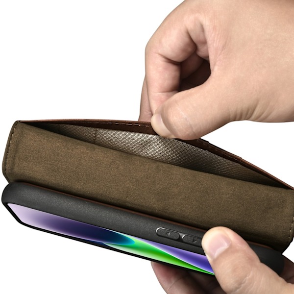 2-i-1 läder Flip Cover iPhone 14 Anti-RFID oljevax plånboksfodral mörkbrunt