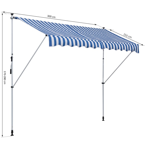 Markiisi, Taitettava Varsi Markiisi, Kiinnitys Markiisi, Korkeussäädettävä, 300X150Cm, Sininen/Valkoinen, Alumiini