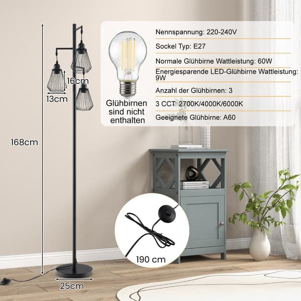 Industriel gulvlampe med 3 burskærme, 169 cm, sort