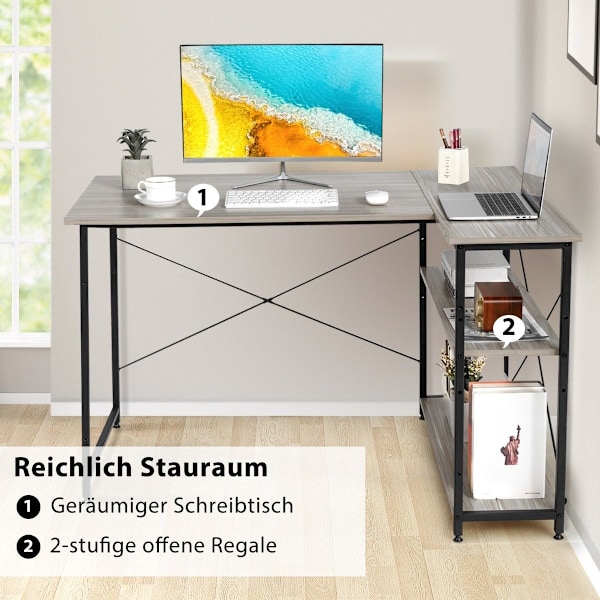 L-formet skrivebord hjørne computerbord med opbevaringsrum kontorbord 120 x 88 x 74,5 cm grå