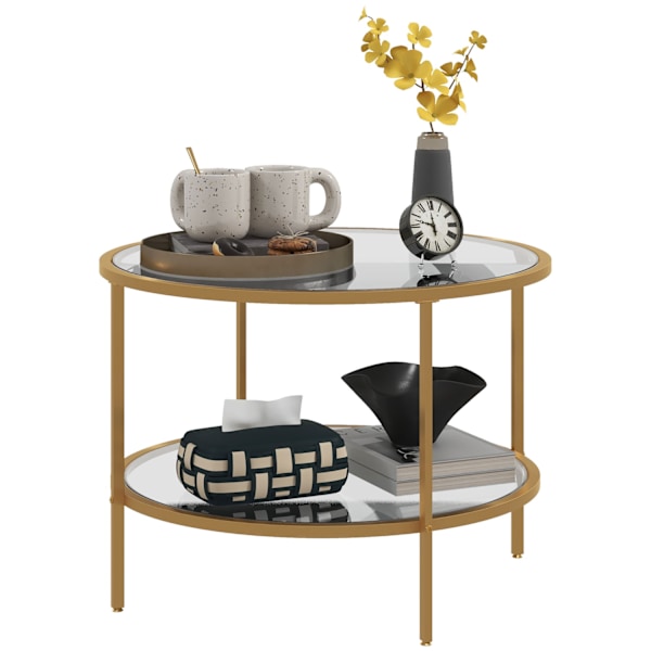 Sidebord rundt sofabord med hylde, stålstel, sofabord, natbord til stue, soveværelse, guld, Ø60 x 43 cm