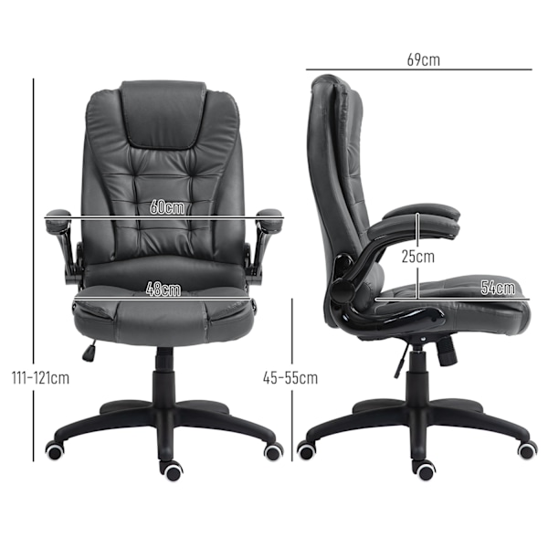 Kontorstol, ergonomisk lederstol med vippefunktion, fold-up armlæn, højdejusterbar skrivebordsstol med drejefunktion til hjemmekontor, imiteret læder,