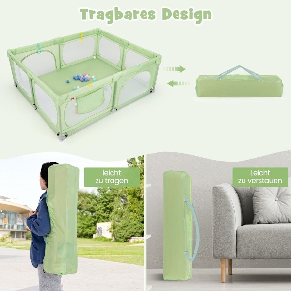 Babykravlegård med 4 trækringe & 50 havbolde & åndbart mesh & bæretaske Grøn