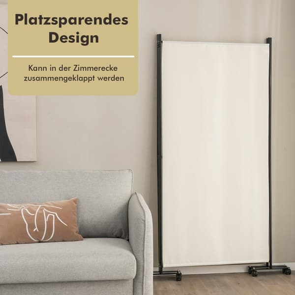 Rumdeler med hjul, 3 paneler, foldbar, beige, 180 cm
