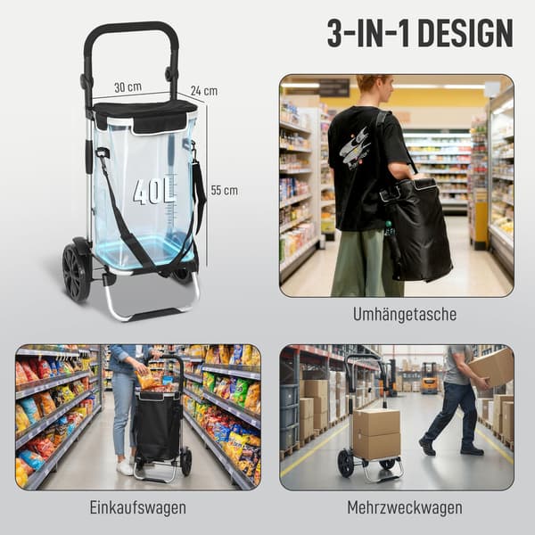 Sammenklappelig 3-i-1 indkøbsvogn, 40L, 25kg kapacitet, sort