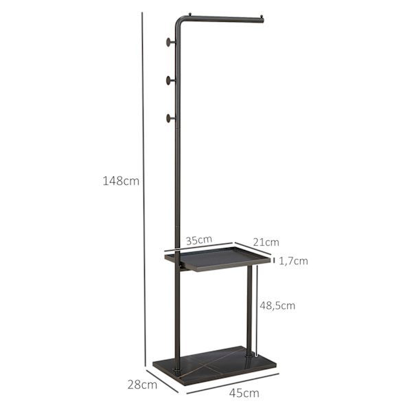 Klädställ, klädställ med krokar, bricka, klädhängare för kläder, hattar, för hall, entré, 45 x 28 x 148 cm, svart