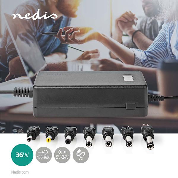 Universal nätadapter | 36 W | 5 - 24 V DC | 1.80 m | 2.4 A - 3.0 A A | 7 plug(s) | Svart