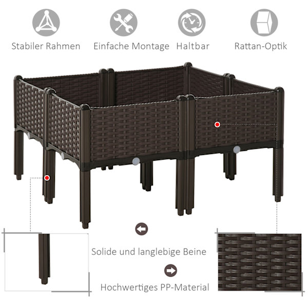 Højbed 4-Delt Plantekasse Med Drænhuller, Rattan Look, Diy, Brun, 40X40X44Cm