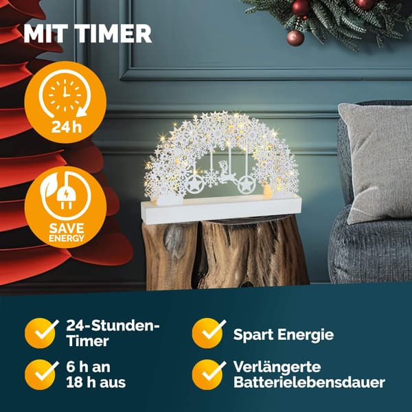 LED-ljusbåge med timer – Vit snöflingedesign