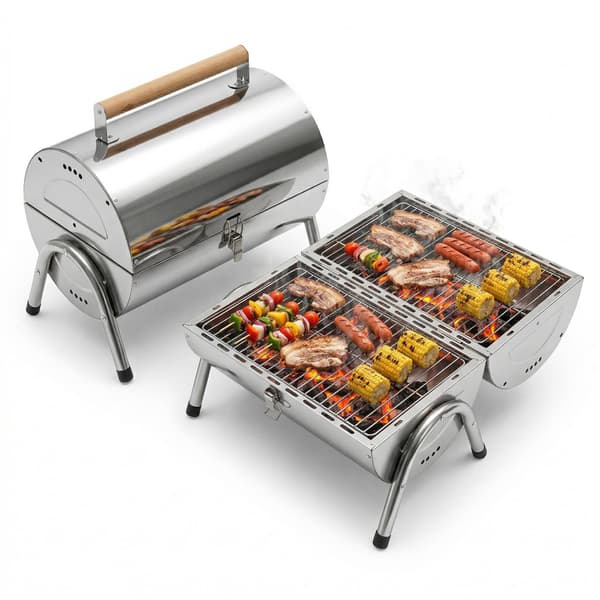 Sammenklappelig bordgrill i rustfrit stål med 2 riste