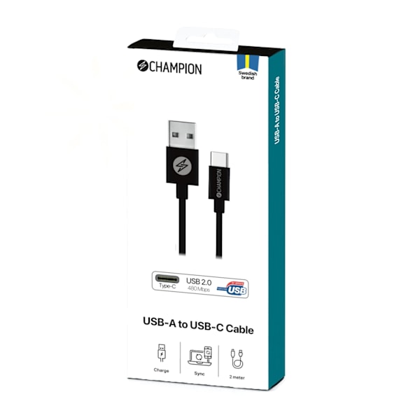 USB-A til USB-C Kabel 2m Sort