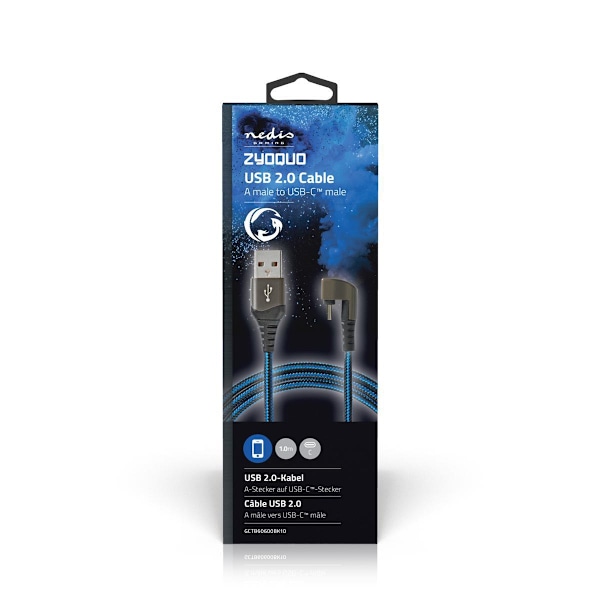USB kaapeli | USB 2.0 | USB-A Uros | USB-C™ Uros | 480 Mbps | Kullattu | 1.00 m | Pyöreä | Nailon / Punottu | Musta / Sininen | Laatikko kannella ja i