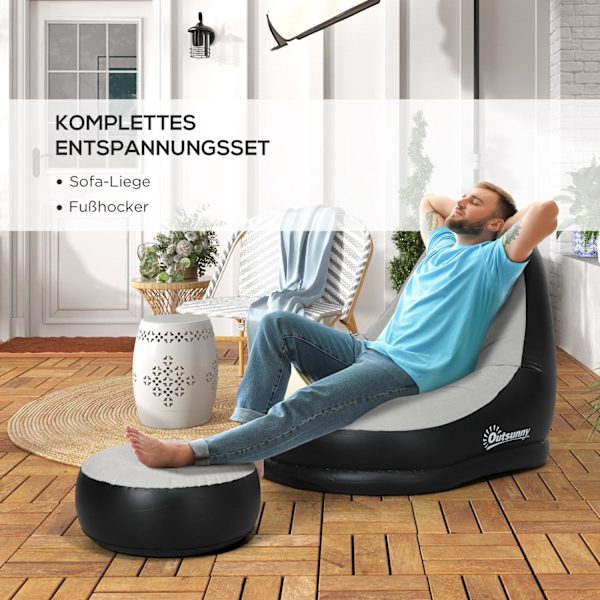 Oppustelig Sofa Med Fodskammel Airsofa Med Kopholder, Til Camping Og Hjemme, Lysegrå, 125X100X87Cm