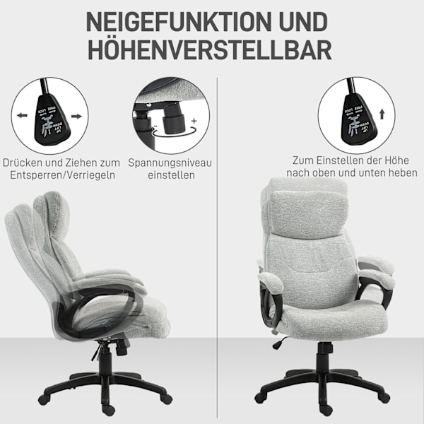 Kontorsstol med vippfunktion, ergonomisk skrivbordsstol, höj- och sänkbar snurrstol, vadderad, rymmer upp till 120 kg, för kontor, arbetsrum, ljusgrå
