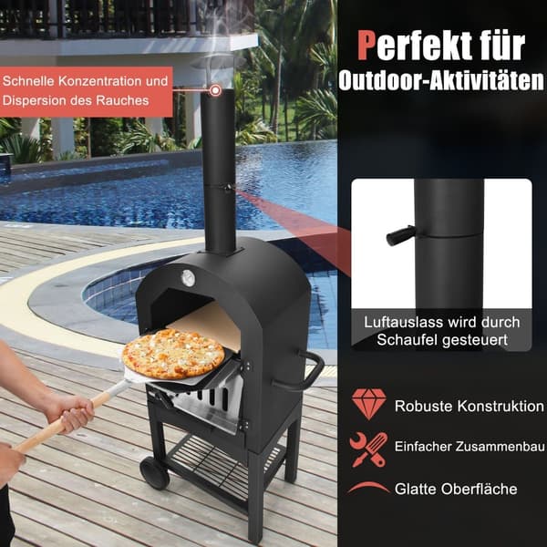 Vedeldad pizzaugn för utomhusbruk med hjul och termometer