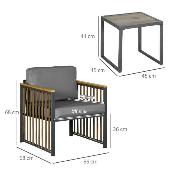 3-Delad Trädgårdsmöbelset, Bistroset Inklusive Soffbord, 2 Stolar, Trädgårdssittgrupp Med Kuddar, Trädgårdsset, Balkongmöbel För Terrass, Grå