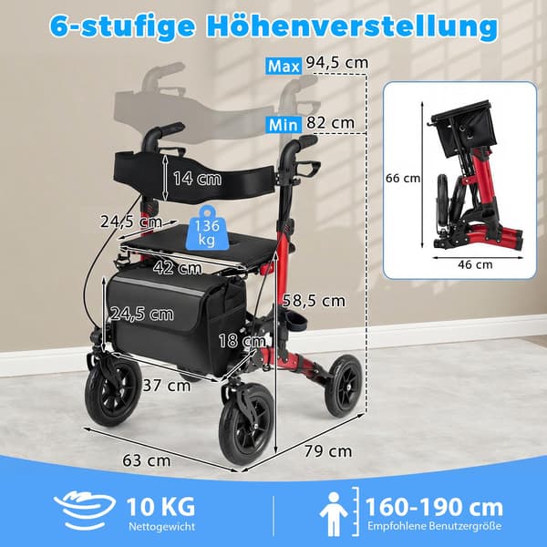 2-i-1 Rollator & Kørestol, Sammenklappelig, Understøtter 136 kg
