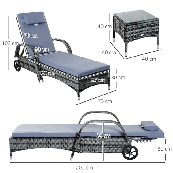 Liggestol Havestolebord Sæt Med 3 Havemøbler, Polyrattan + Metalgrå