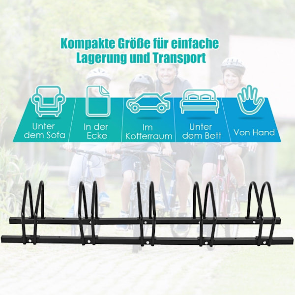 Cykelstativ, gulvstativ, stativ med 5 cykelparkeringspladser, sort