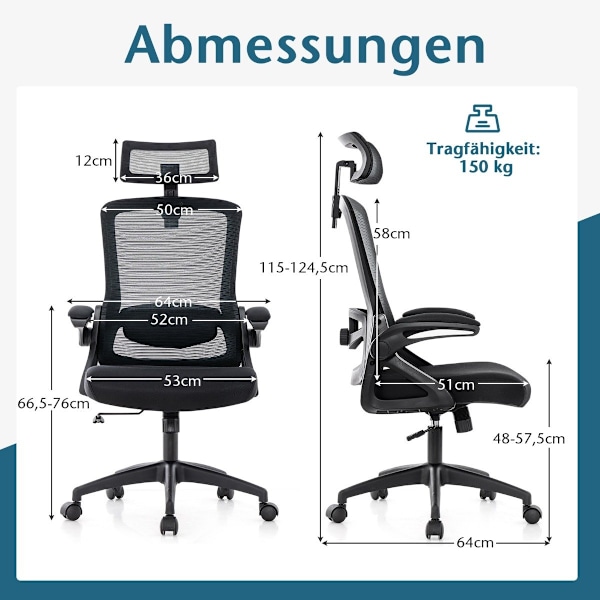 Ergonomisk kontorstol med justerbar lændestøtte &amp; Nakkestøtte computerstol sort
