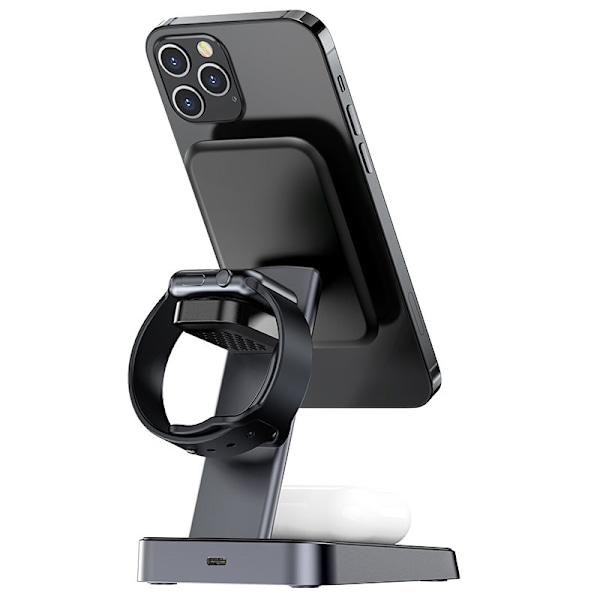 3i1 Qi oplader 15W med magnetisk holder til iPhone Apple Watch og AirPods sort