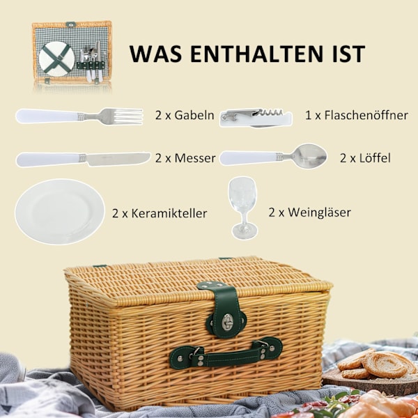 Picknickkorg av pilträ, picknickresväska för 2 personer med isolerat kylfack, bestickset, picknickset, komplett set för camping, strand, jul, ljusbrun