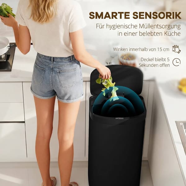55L Sensor skraldespand, Soft-Close låg, Rustfrit stål, Sort
