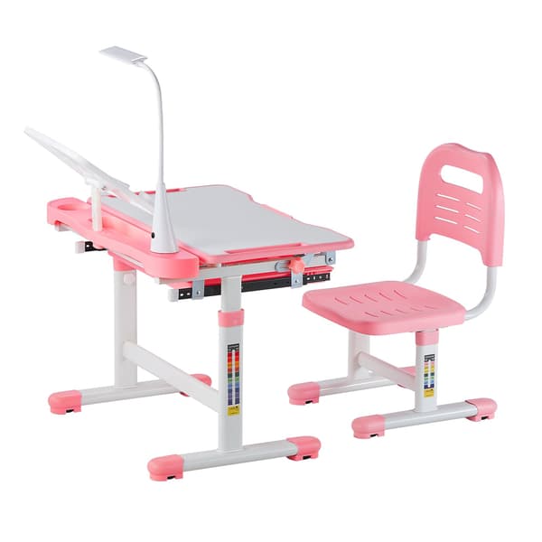 Barnskrivbord och stolsset, höjdjusterbart, lutningsbart bord, rosa