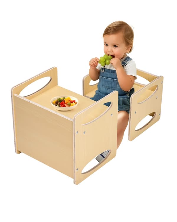 Montessori avvänjningsbord och stolsset, justerbart trä