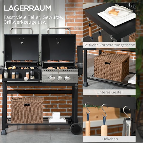 Kaasugrillivaunu 2+1 Polttimella, Lämpömittari, 3Kw, Bbq Hiiligrilli, Hylly, Sivuhylly, Koukku, Leirintäalue, Musta