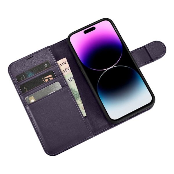 2-i-1 Läder Flip Cover iPhone 14 Pro Anti-RFID plånboksfodral Mörklila
