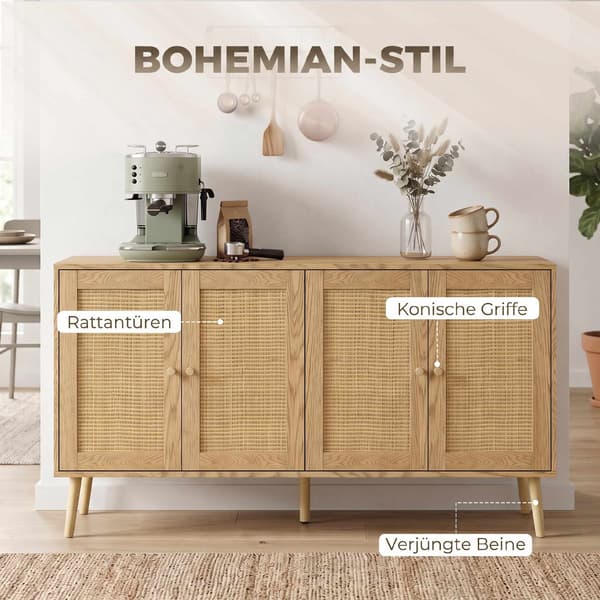 Boho-rottinki-senkki säädettävillä hyllyillä, luonnonpuu