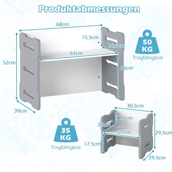Børnebord og stolesæt, 3 dele, MDF, grå, afrundede kanter